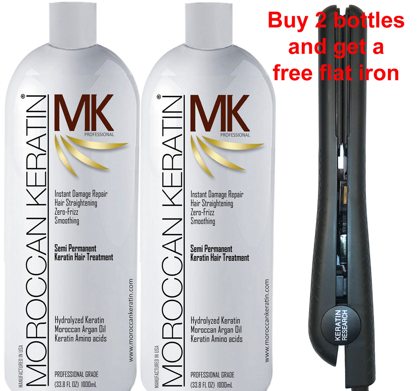 MK original formula 2x1000ml+ Free Flart Iron (Strength 1a-3b)- Keratin Hair Straightening Smoothing Treatment infused with Moroccan Argan oil